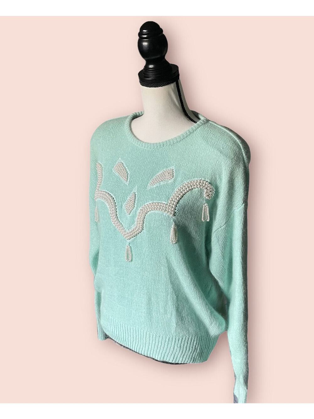 Vintage 80s WOMENS Dana Scott Mint Green Silk Angora Soft Fuzzy Sweater M 4 6 8